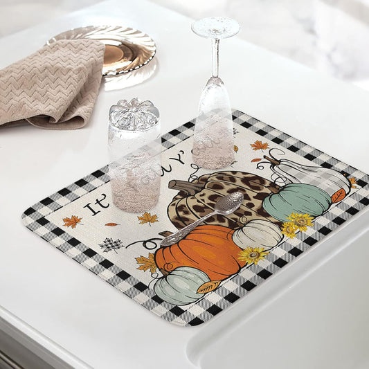 Fall Dish Drying Mat for Kitchen Counter Pumpkin Drying Pad Absorbent Drying Mats for Countertops Sinks Draining Racks Maple Leaves Black Buffalo Plaid Drainer Holiday Harvest Thanksgiving Decor 16x18