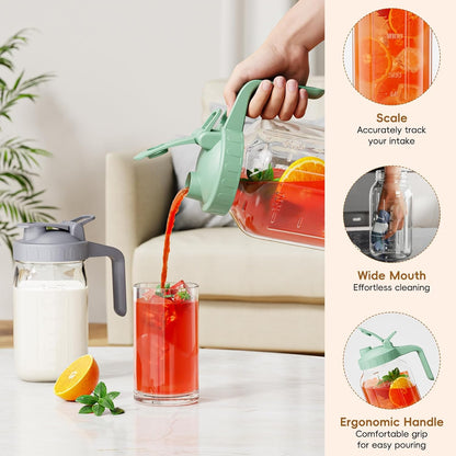 Glass Mason Jar Pitcher, 64 oz Wide Mouth Jug with Pour Spout Handle Lid for Cold Brew Coffee, Ice Beverage, Iced Juice, Lemonade, Sun Tea, Fruit Drinks Container（Orange）