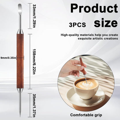 3 Pack Latte Art Pen Set Stainless Steel Latte Art Tools Coffee Drawing Tool with Wood Handle Double Ended Barista Accessories for Espresso Designs, Home and Cafe Use
