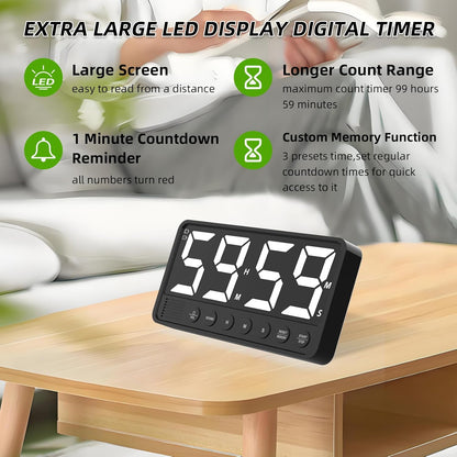 Extra-Large Display Digital Kitchen Timer with 7.4” LED Screen, 6 Alarms & 4 Volume Levels, 3 Memory Presets, Magnetic Stand Rechargeable Count Down/Up Timer for Cooking Home Gym, Black