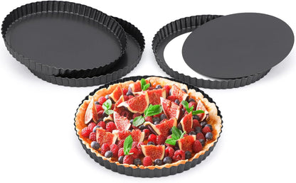 Beasea Tart Pan 9 Inch with Removable Bottom, 4pcs Nonstick Carbon Steel Round Quiche Pie Pans for Baking Tart Quiche Desserts