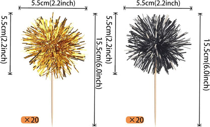 40 PCS Foil Firework Cupcake Toppers Sparkle Tinsel Cupcake Picks Fireworks Birthday Party Decorations Cocktail Fruit Toothpick for Birthday Wedding Graduation Party Decorations Supplies Black Gold