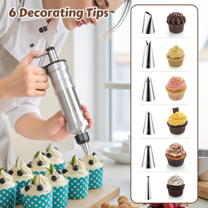 Dessert Decorating Syringe Set, Stainless Steel Frosting & Icing Piping Kit with 6 Tips and 9 Silicone Cupcakes,3 Cream Scraper for Cake Decorating Tools Cupcake Decorating Kit