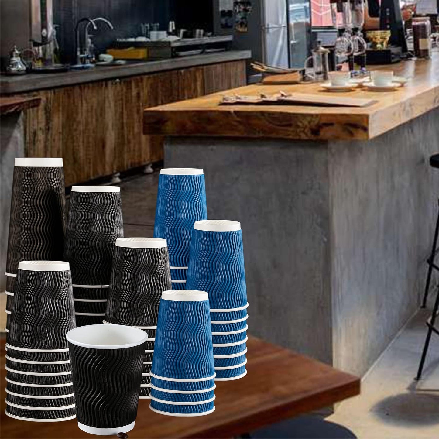 Lamosi Coffee Cups 12 oz - 120 Pack, 12 oz Disposable Paper Coffee Cups Insulated, Corrugated Kraft Ripple Wall Cup for Hot Beverage or Cold Drinks (Navy)