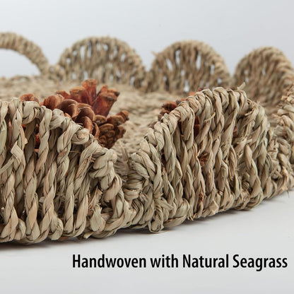 Round Ottoman Tray Large Wicker Serving Tray with Handles for Coffee Table, 20 Inch Handwoven Natural Seagrass Tray Scalloped Edges