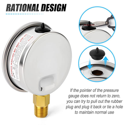 MEANLIN MEASURE -30inHG~0Psi Stainless Steel 1/4" NPT 2.5" FACE DIAL Vacuum Pressure Gauge, Lower Mount (Pack of 2), with 1/2" NPT and 3/8" NPT Hex Bushing