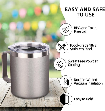 Volhoply 14oz Insulated Stainless Steel Coffee Mug with Lid Bulk 8 Pack,Double Wall Vacuum Travel Coffee Cup with Handle,Reusable Metal Cups Tumbler,Camping Mugs Keep Hot,Ideal Gifts(Gray,8 Set)