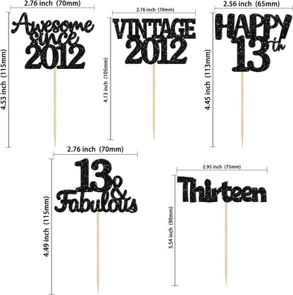 Gyufise 30Pcs Vintage 2012 Cupcake Toppers Glitter Thirteen Happy 13th Cupcake Picks Happy 13th Birthday Cake Decorations for Happy 13th Birthday Anniversary Party Supplies Black