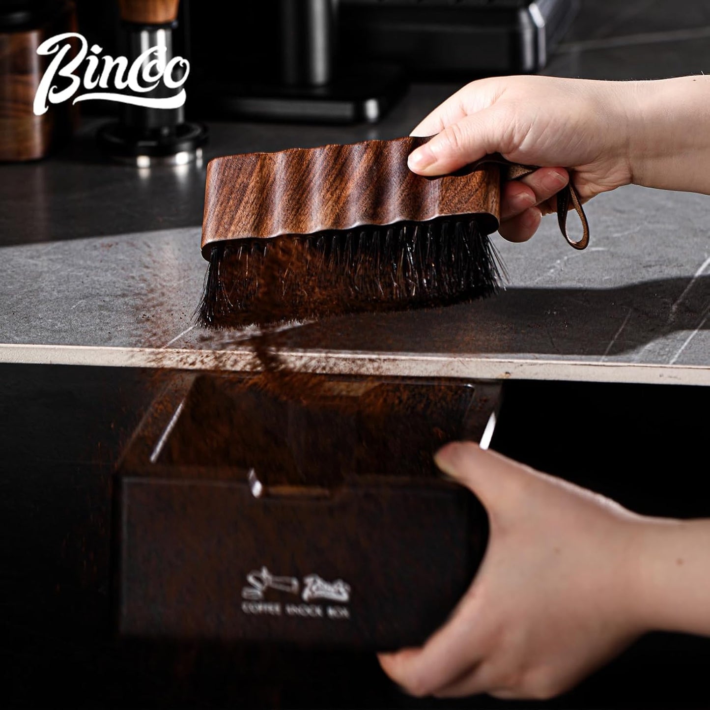 Bincoo Coffee Brush with Cleaning Cloth - Wooden Handle Cleaning Brush for Grinders, Espresso Machines & Countertops, Reusable Barista Tool with Hanging Hook for Coffee Grounds Removal