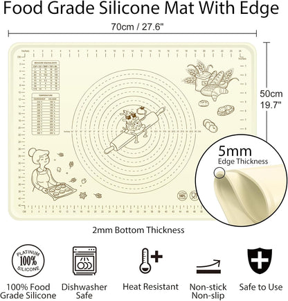 Silicone Baking Mat 28" x 20", Extra Thick Silicone Pastry Mat with Measurements and Edge Heightening, Non-stick Food Grade Dough Rolling Matfor for Pastry, Bread, Cookies, Pizza, Fondant, Pasta