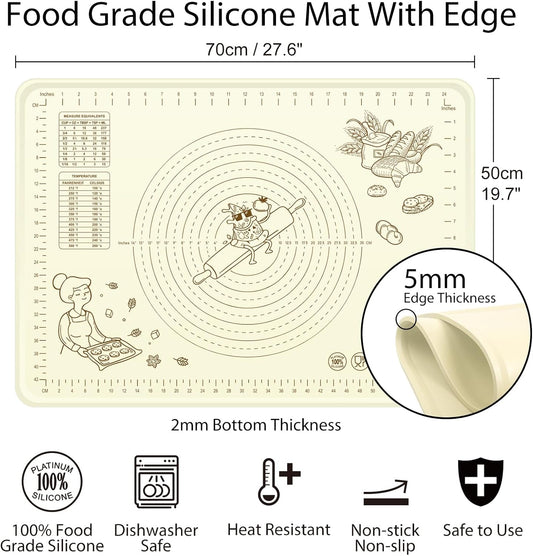 Silicone Baking Mat 28" x 20", Extra Thick Silicone Pastry Mat with Measurements and Edge Heightening, Non-stick Food Grade Dough Rolling Matfor for Pastry, Bread, Cookies, Pizza, Fondant, Pasta