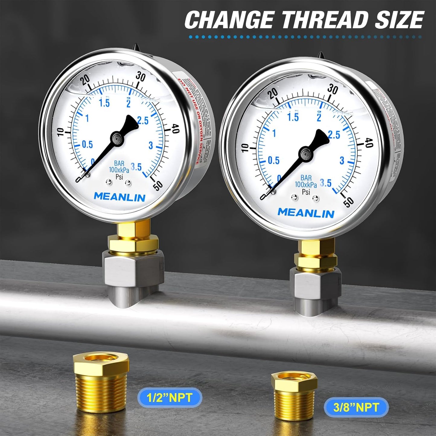 MEANLIN MEASURE 0~50Psi Stainless Steel 1/4" NPT 2.5" FACE DIAL Liquid Filled Pressure Gauge WOG Water Oil Air Lower Mount, with 1/2" NPT and 3/8" NPT Hex Bushing