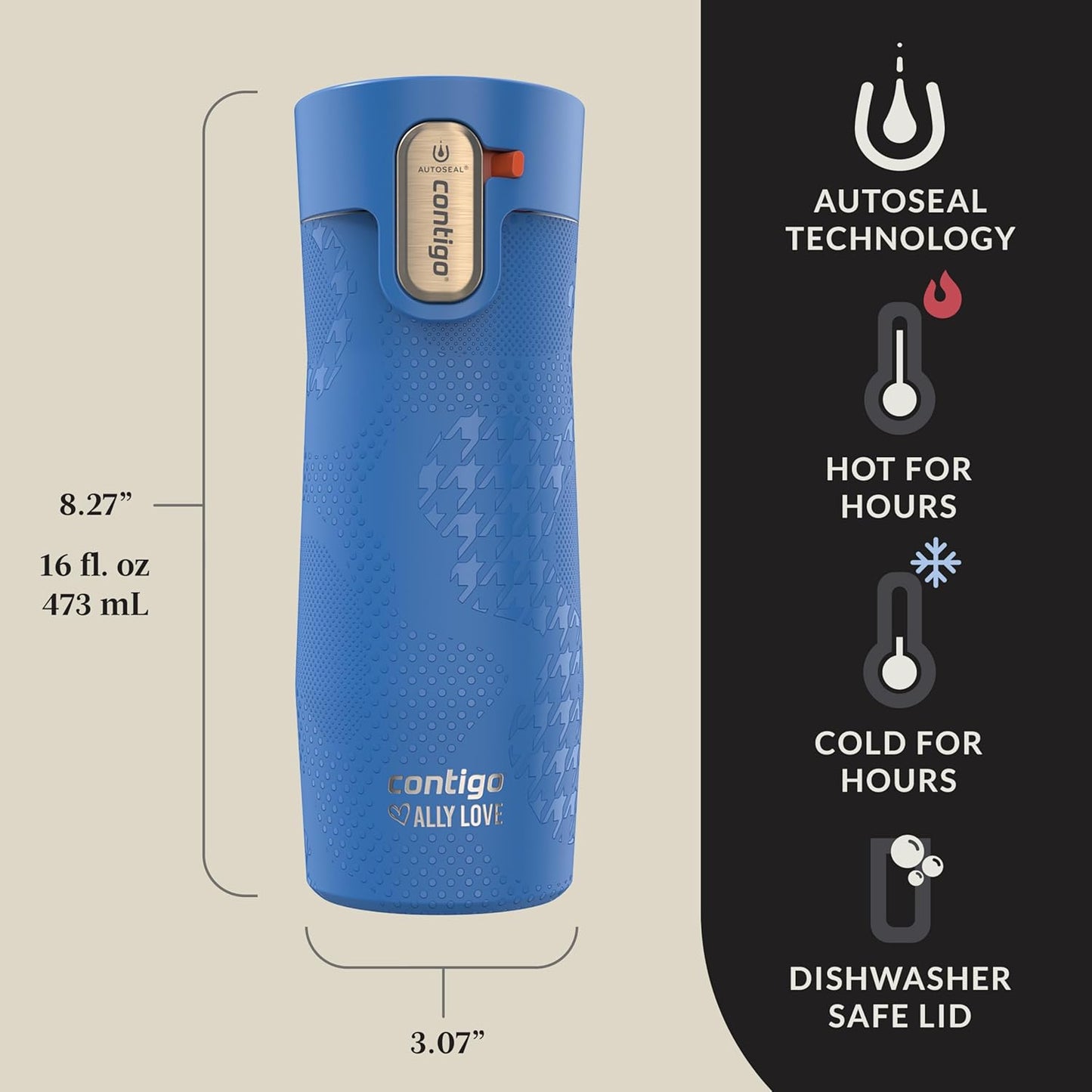 Contigo x Ally Love Stainless Steel Vacuum-Insulated Travel Mug with Autoseal and Easy Clean Lid, Spill-proof, Keeps Drinks cold 24 hrs & hot for 11 hrs, BPA Free, 16oz., West Loop 3.0, Stellar Jay