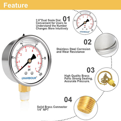 Glycerin Filled Pressure Gauge 1/4 NPT 100psi/7bar, Stainless Steel Case, Brass Inside Construction, 2-1/2" dial, 1/4" NPT Lower Connection with Pre-Wrapped Teflon Tape