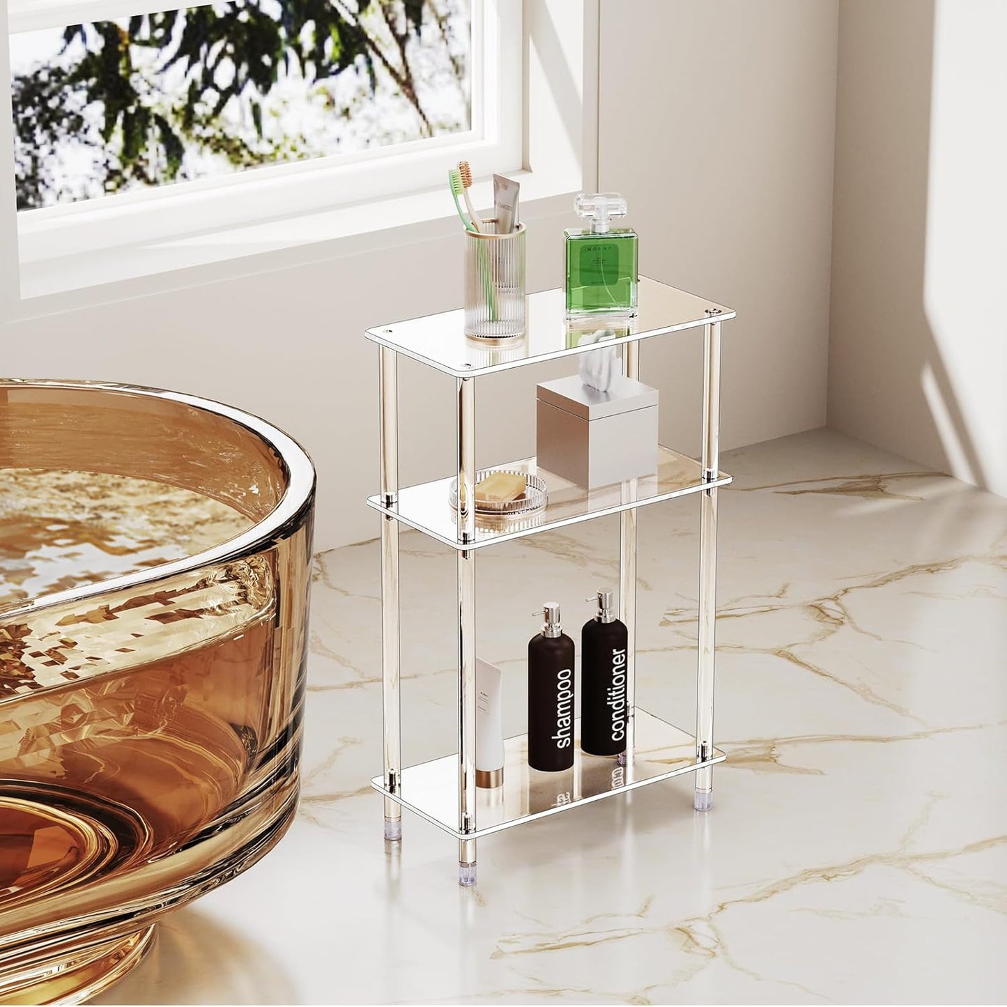Clear Acrylic Narrow Side Table Set of 2 for Small Spaces, 15.75" L x 7.87" W x 24.6" H, 3 Tier Rectangle Slim End Table Nightstand, Small Bedside Table for Bedroom, Bathroom, Living Room