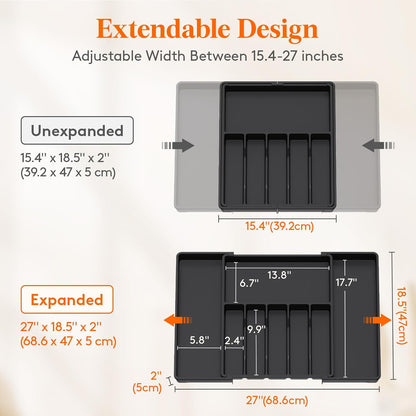 Lifewit Silverware Drawer Organizer, Expandable from 15.4 to 27 inches, Utensil Tray for Kitchen, Adjustable Cutlery Holder, Plastic Flatware Storage for Spoons Forks Knives, Extra Large, Black
