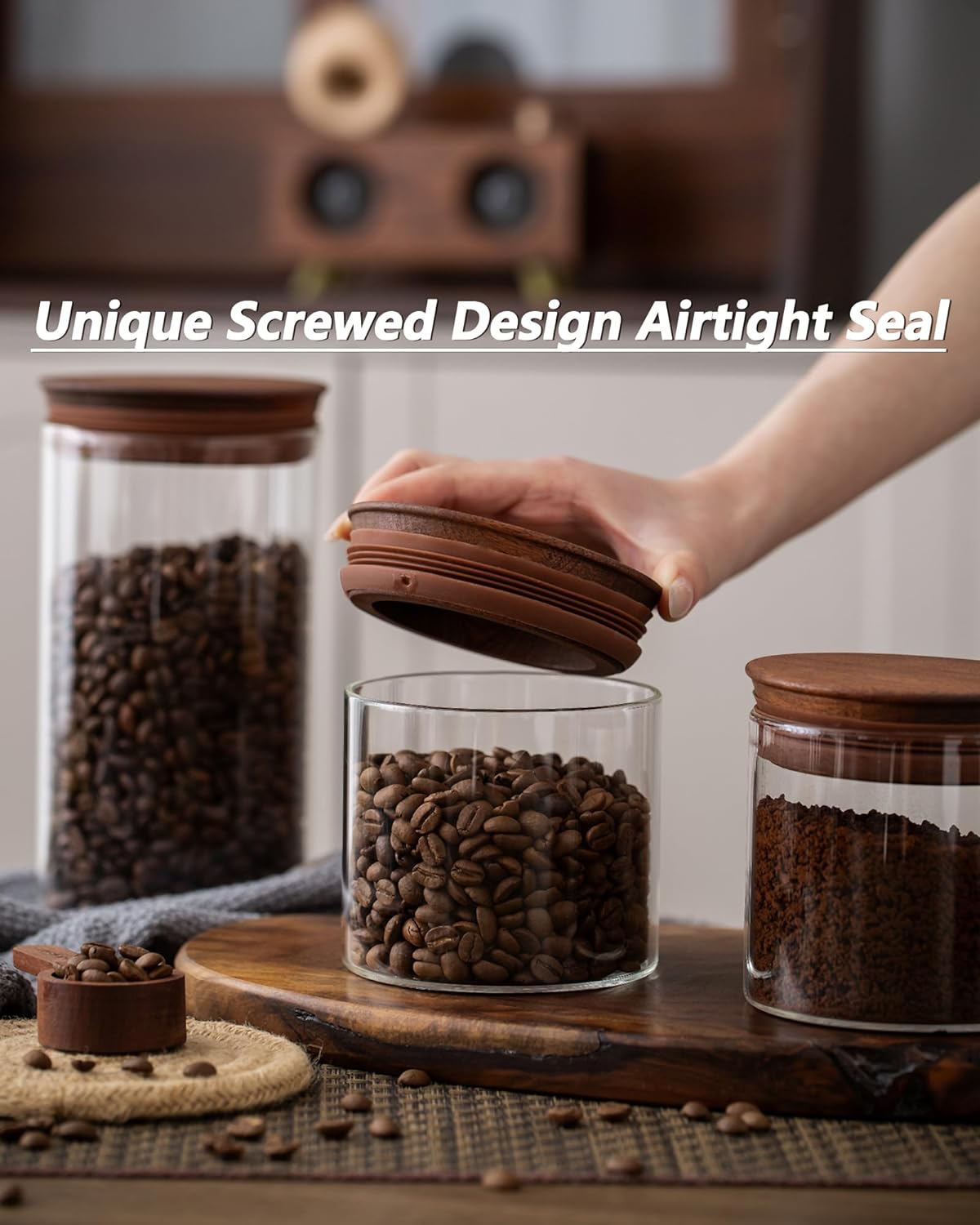 500ml Glass Coffee Canister with Wooden Lids and Scoop, Kitchen Coffee Container Set of 2 Hold Up to Total 12 oz of Coffee Bean, Airtight Food Storge Jars for Ground Coffee Bar Cereal Snack
