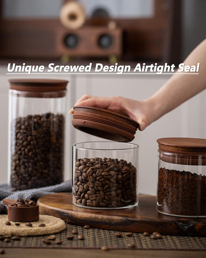 500ml Glass Coffee Canister with Wooden Lids and Scoop, Kitchen Coffee Container Set of 2 Hold Up to Total 12 oz of Coffee Bean, Airtight Food Storge Jars for Ground Coffee Bar Cereal Snack