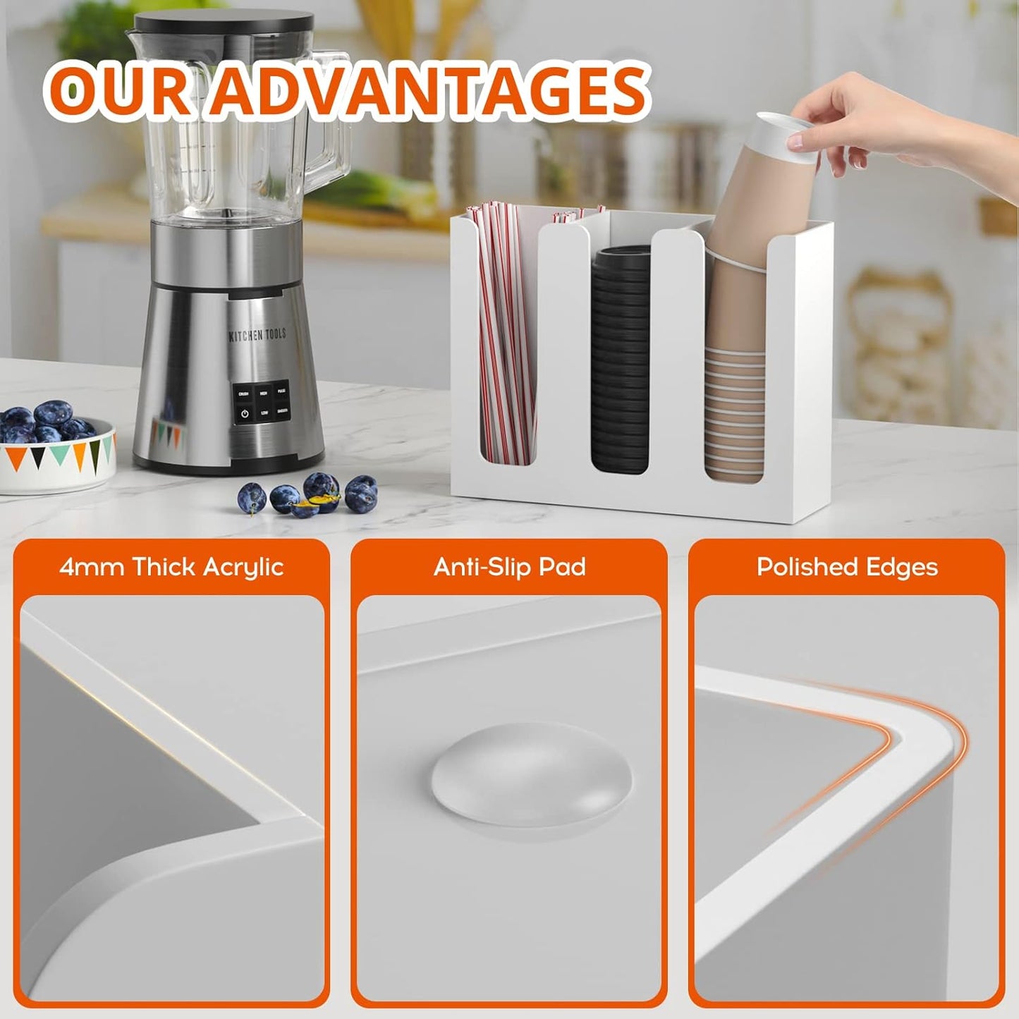 Richboom Acrylic Coffee Cup and Lid Storage Organizer Holder, 3 Compartments, White