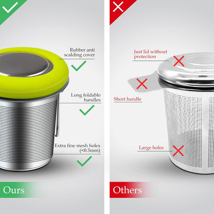 Fenshine Tea Infuser Stainless Steel Tea Strainer Folding Handle Tea Filter Extra Fine Mesh Strainer Brewing Basket with Lid for Loose Leaf Tea (Green)