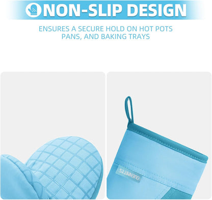 Mini Oven Mitts, Kitchen Oven Gloves Kitchen Mittens 500 Degrees Heat Resistant Baking Gloves, Non-Slip Silicone Surface with Hanging Loops Hot Gloves for Cooking, Baking, BBQ 1 Pair-Blue