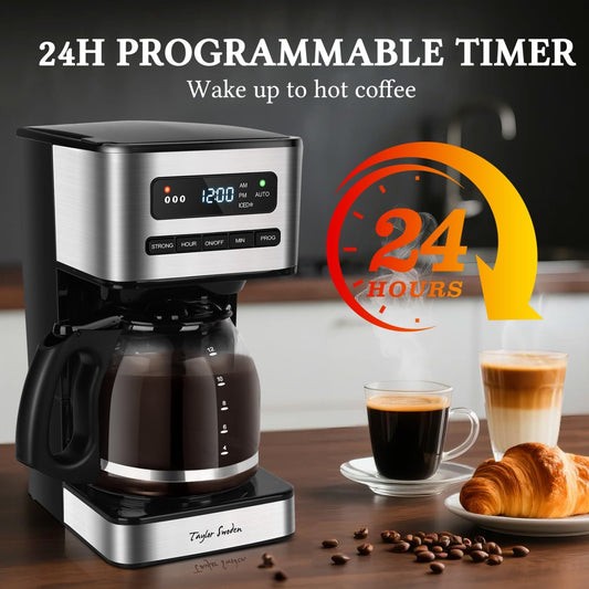 Taylor Swoden Programmable Coffee Makers 12 Cup, Hot and Iced Coffee Maker, 4 Brew Strength, LED Display, 24H Timer, Keep Warm&Auto Shutoff- Drip Coffee Machine for Home/Office, Black &Stainless Steel
