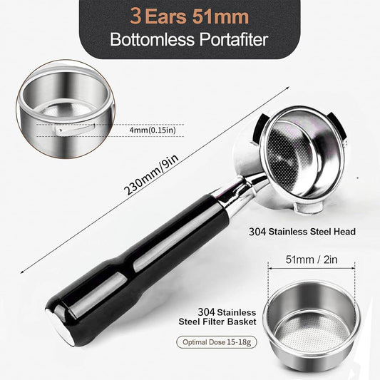 51mm Bottomless Portafilter Compatible for CASABREWS Espresso Machine CM5418, 3700 Series, Mr. Coffee Espresso and Cappuccino Machine, with Stainless Steel Double Shot Capacity Cup Filter Basket