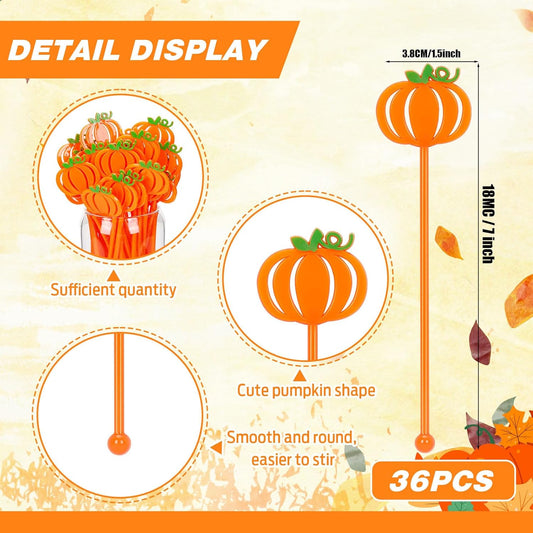 36 Pcs Fall Cocktail Stirrers, Pumpkin Drink Stirrers Plastic Swizzle Sticks Reusable Coffee Stirrer Stir Sticks for Halloween Autumn Thanksgiving Party Tea Coffee Bar Decoration