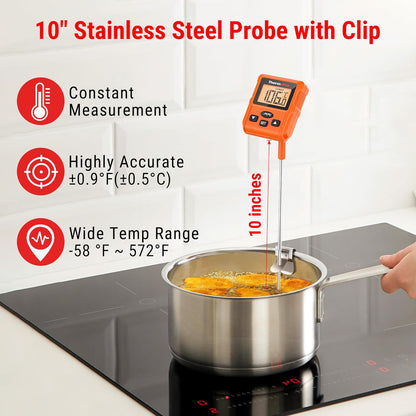 ThermoPro TP511 Digital Candy Thermometer with Pot Clip, Programmable Instant Read Food Meat Thermometer with 10'' Long Probe for Smoker Baking Grilling Candle Liquid Oil Deep Fry Thermometer