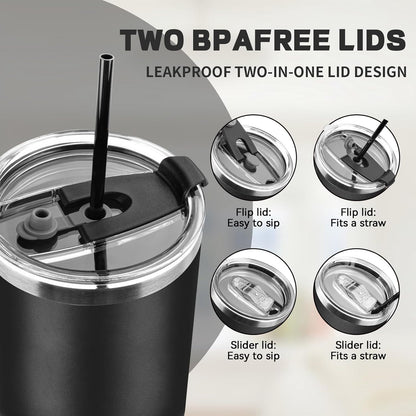 30 oz Tumbler with Lids and Straws, Stainless Steel Insulated Coffee Tumbler, Double Wall Vacuum Insulated Travel Mug Cup, Leakproof Thermal Coffee Cup for Hot and Cold Drinks (Black)