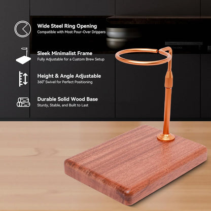 Pour Over Coffee Maker with Adjustable Stand & Wooden Base, Dripper Stand for Manual Coffee Brewing, Coffee Filter Holder, Tea Strainer Stand for Home, Café, Restaurant, Camping, Golden