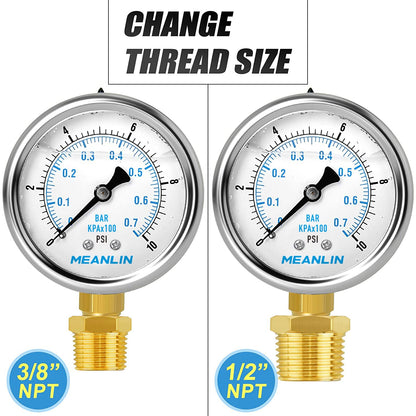 MEANLIN MEASURE 0~10Psi Stainless Steel 1/4" NPT 2.5" FACE DIAL Liquid Filled Pressure Gauge WOG Water Oil Air Lower Mount, with 1/2" NPT and 3/8" NPT Hex Bushing
