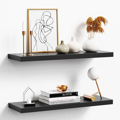 Floating Shelves for Wall, Black Wood Set of 2, 24" Mounted Shelf for Kitchen, Living Room, Bedroom, Bathroom Storage, Book Shelf, Home Decor, Frame Display