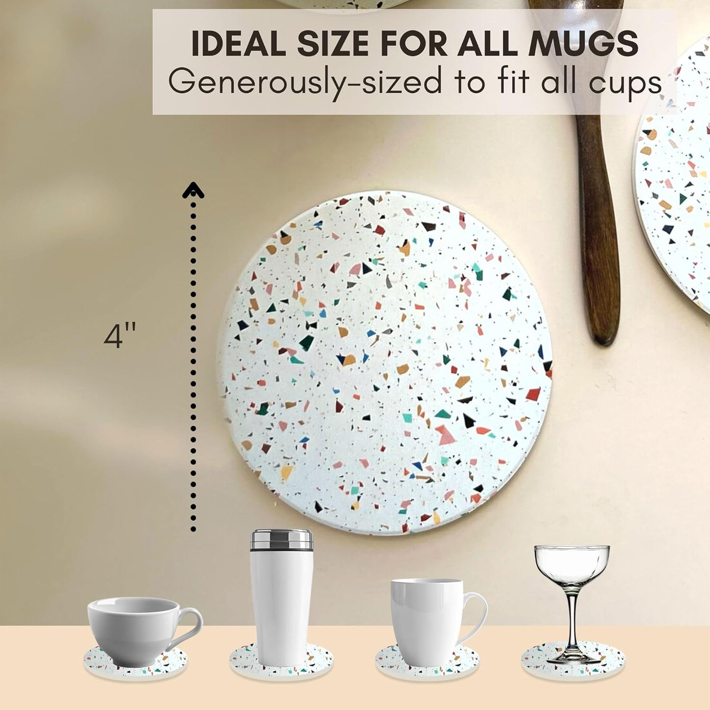 Absorbent Coaster Set of 6 with Holder, Drink Coasters for Coffee Table, Kitchen, Home Decor, Cute Ceramic Round Coasters, Alternative to Silicone, Cork or Glass Coaster (Confetti with Black Holder)