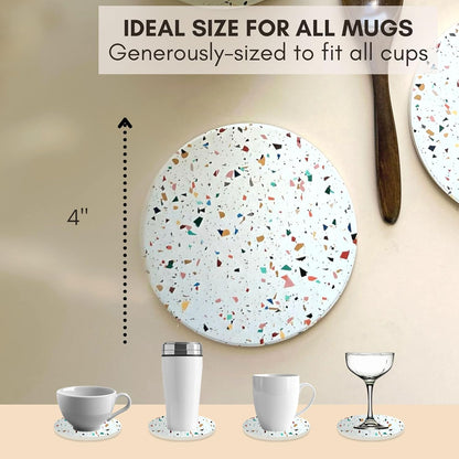 Absorbent Coaster Set of 6 with Holder, Drink Coasters for Coffee Table, Kitchen, Home Decor, Cute Ceramic Round Coasters, Alternative to Silicone, Cork or Glass Coaster (Confetti with Black Holder)