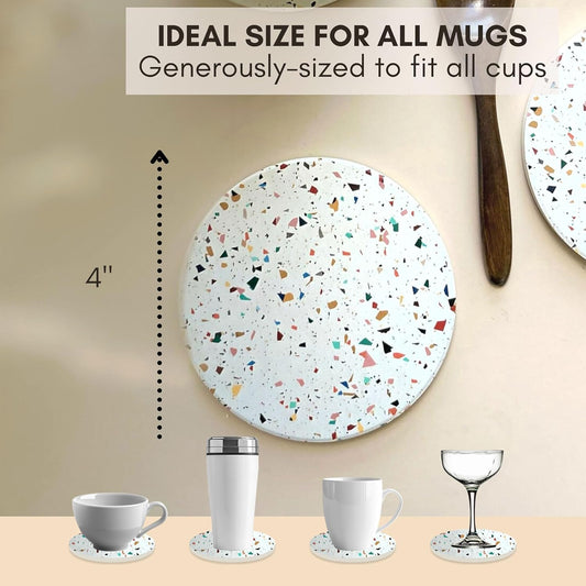 Absorbent Coaster Set of 6 with Holder, Drink Coasters for Coffee Table, Kitchen, Home Decor, Cute Ceramic Round Coasters, Alternative to Silicone, Cork or Glass Coaster (Confetti with Black Holder)