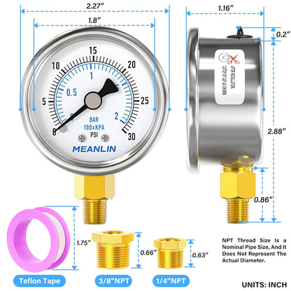 MEANLIN MEASURE 0~30Psi Dry Low Pressure Gauge Stainless Steel 1/8" NPT 2" FACE DIAL Waterproof for Pool Sand Filter Water Oil Air Pressure Test Lower Mount, with 1/4" NPT and 3/8" NPT Hex Bushing