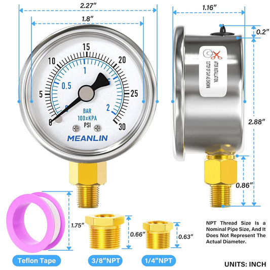 MEANLIN MEASURE 0~30Psi Dry Low Pressure Gauge Stainless Steel 1/8" NPT 2" FACE DIAL Waterproof for Pool Sand Filter Water Oil Air Pressure Test Lower Mount, with 1/4" NPT and 3/8" NPT Hex Bushing