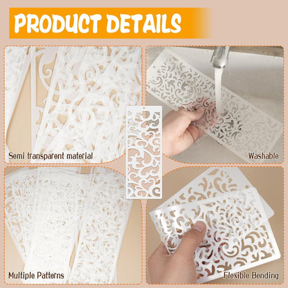 18 Pcs Large Flower Border Stencils for Painting, Reusable Plastic Leaf Cake Decorating Stencils for Baking, Hollowed Floral Edge Painting Templates for DIY Wood Wall Tile Furniture Canvas, 4" x 11.8"