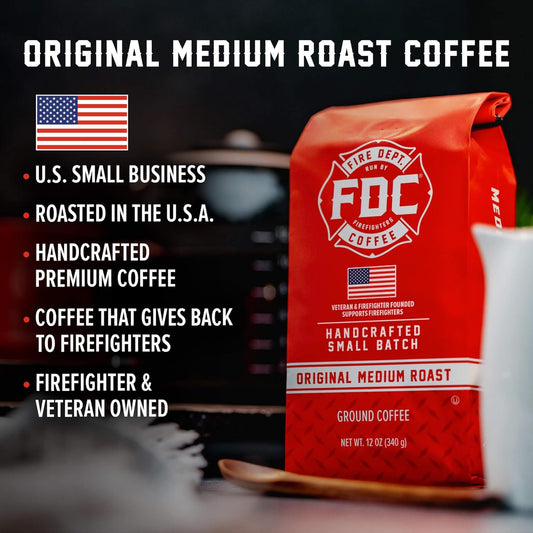 Fire Department Coffee - Gives Back to Firefighters - Original Medium Roast Ground Coffee - Balanced & Smooth - Roasted in the USA - Veteran Owned (12 oz, Pack of 2)