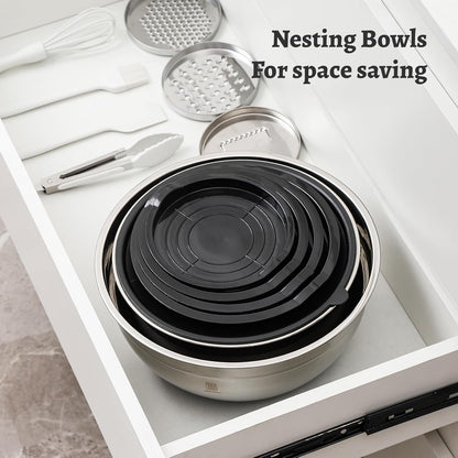 ROYDX Stainless Steel Mixing Bowls With BPA Free Airtight Lids &3 Grater Attachments,Non-Slip Bottoms- 33% Thick Metal Nesting Bowls for Mixing & Serving