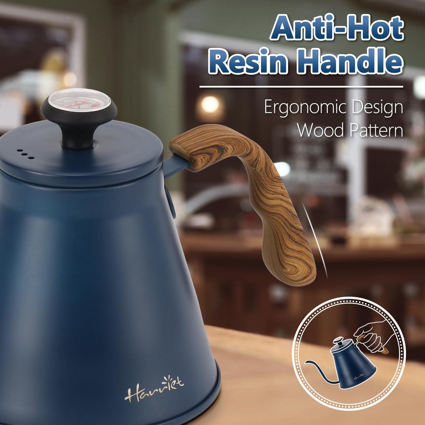 Harriet Gooseneck Kettle with Thermometer for Pour Over Coffee and Tea, 37 fl oz, Stainless Steel, Durable 3-Layer Base, Ideal Spout for Precision Pouring, Compatible with all Stove Tops, Blue