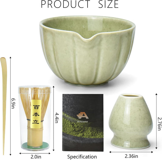 Artcome 4 Pcs Japanese Matcha Tea Set - Matcha Bowl with Pouring Spout, Matcha Whisk, Tea Scoop, Whisk Holder, Handmade Matcha Ceremony Kit For Japanese Tea Ceremony, Mottled Green