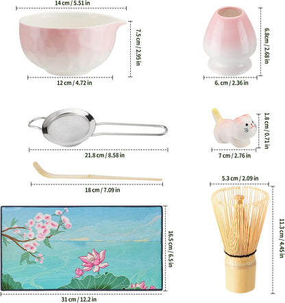 7 Pcs Matcha Whisk Set, Matcha Set Pink,Matcha Kit,Matcha Tea Set,Matcha Bowl Set with Pink Cat Scoop Holder, Tea Cloth, Sifter(Gradient Pink)