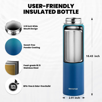 Insulated Water Bottle 24oz, Triple Wall Vacuum Stainless Steel (Cold for 48 Hrs, Hot for 24Hrs), Leak Proof & Non-BPA, 24oz Hydro Water Flask with Paracord Handle & Straw Spout Lids