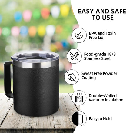 Volhoply 14oz Insulated Stainless Steel Coffee Mug with Lid Bulk 4 Pack,Double Wall Vacuum Travel Coffee Cup with Handle,Reusable Metal Cups Tumbler,Camping Mugs Keep Hot,Ideal Gifts(Black,4)