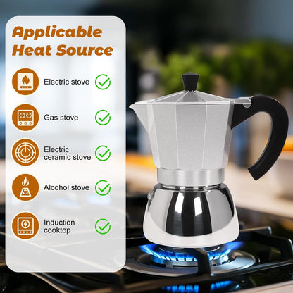No Coating 6 Cup Aluminum and Stainless Steel Moka Pot Stovetop Espresso Maker Italian Coffee Machine 350ml 11.84oz Suitable for Gas Induction Stovetop Greca Coffee Maker Percolator Silver
