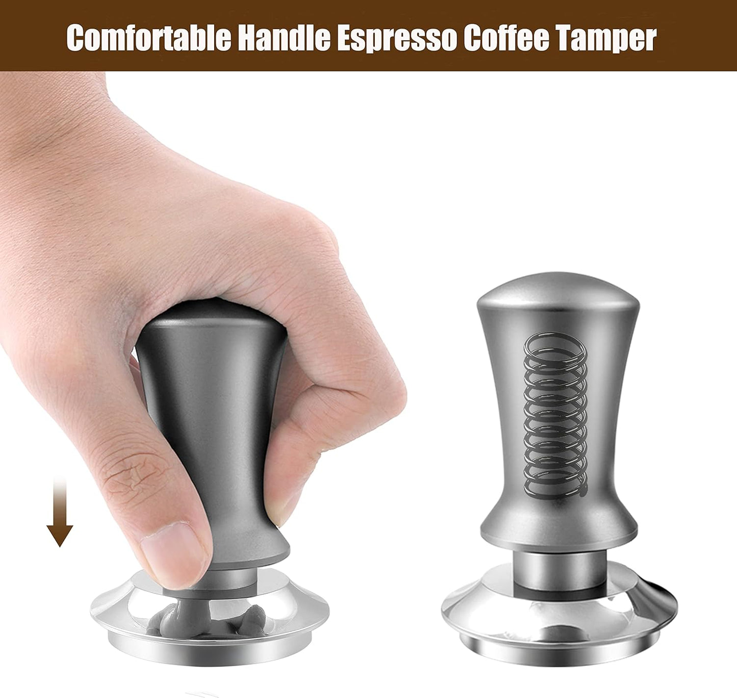 K COOL Espresso Hand Tamper, Premium Barista Coffee Tamper with Calibrated Spring, Stainless Steel Base Tamper Compatible with Espresso Machine Rancilio, Gaggia Bottomless Portafilter (58mm, Silver)
