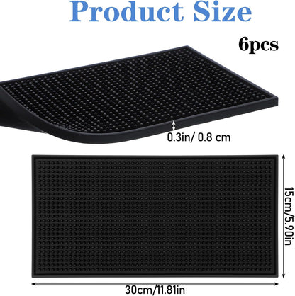 6 Pack Black Bar Mat - 6" x 12" Rubber Bar Mats for Countertop, Non-Slip Spill Mas for Bartending, Coffee, Kitchen & Home Bars, Durable PVC Bars Top Mat for Glasses & Drinks