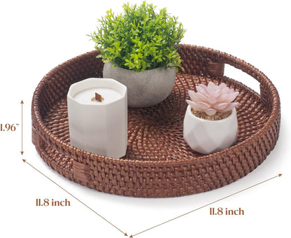 11.8 inch Round Rattan Tray, Decorative Coffee Table Tray, Ottoman Trays, Woven Serving Trays with Handles Wicker Serving Basket, Reddish-Brown